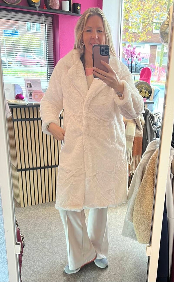 Bontjas imitatie bont Fake fur Coat lang Gebroken wit
