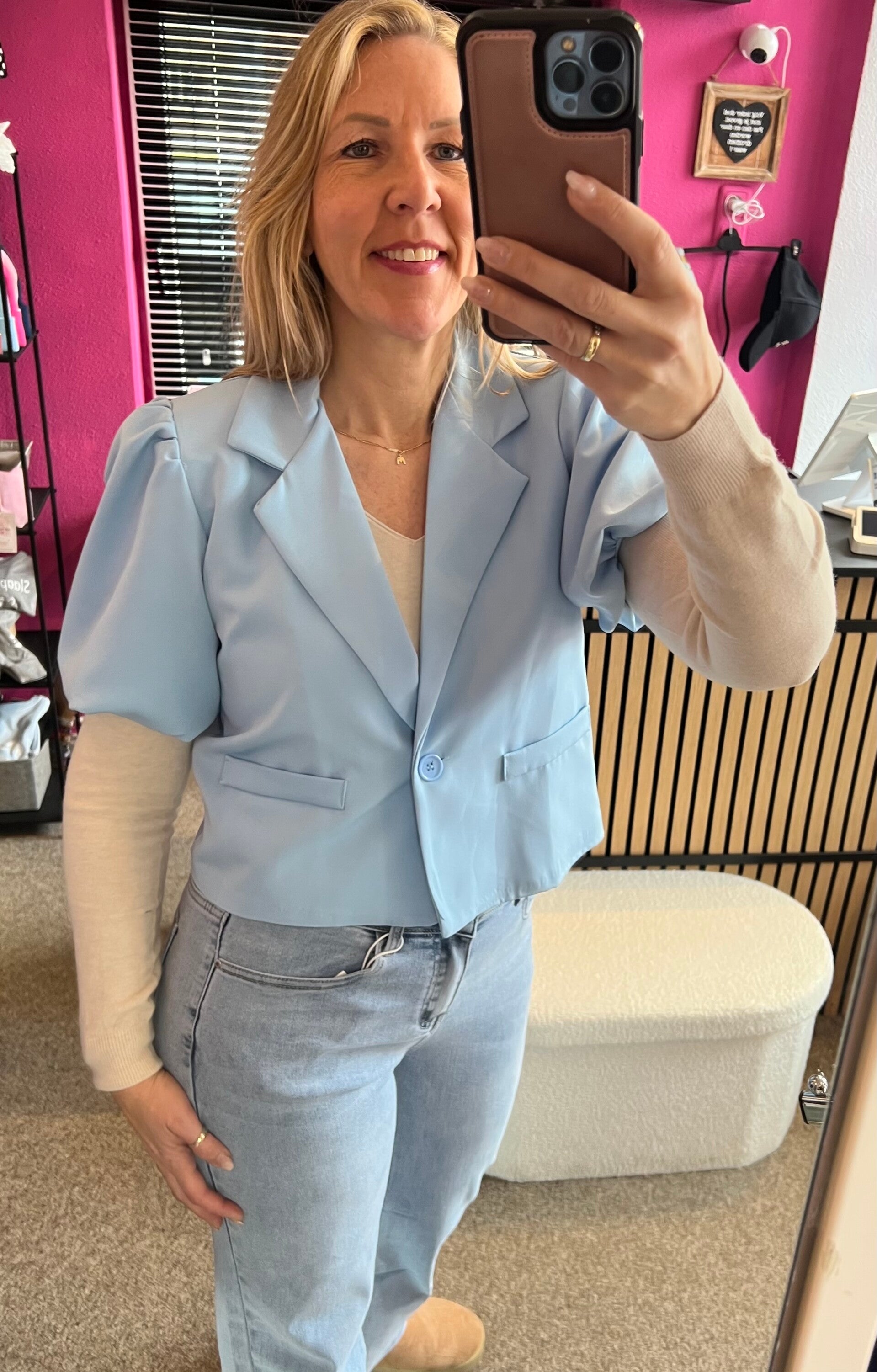 Blazer kort ballon/pofmouw Blauw