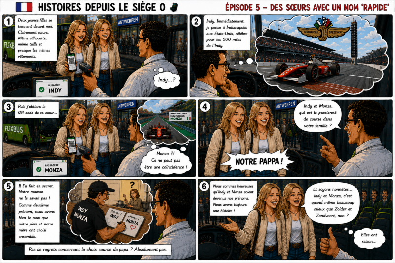Lees aflevering 5 – Zussen met een snelle naam. Franse strip in zes panelen over Indy, Monza en een buschauffeur.