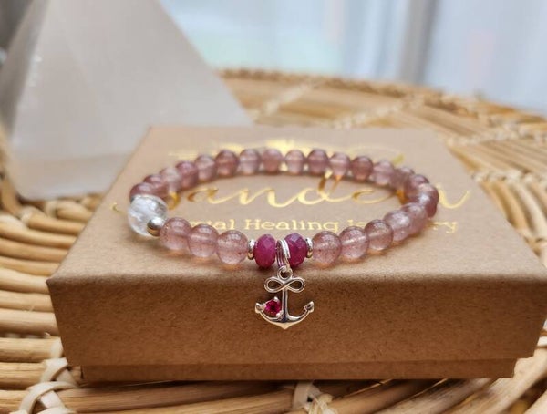 "Anchored Infinity Love" Ruby, Strawberry Quartz & Clear Quartz Bracelet