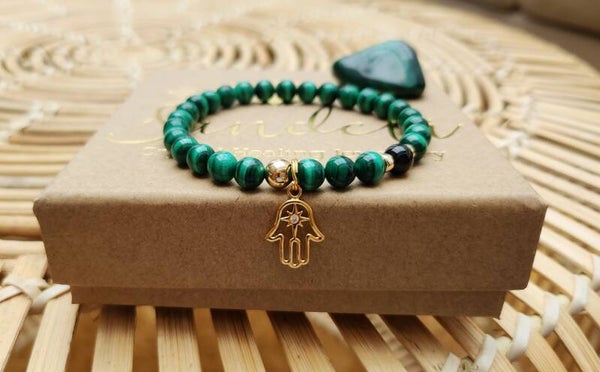 Hamsa Hand Malachite & Black Tourmaline Bracelet