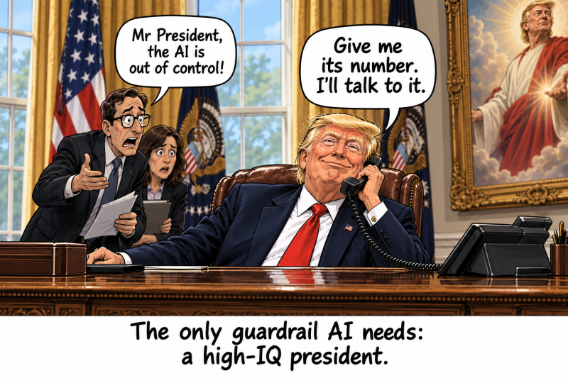 Karikatur: Mitarbeiter melden Trump eine außer Kontrolle geratene KI. Er antwortet: „Give me its number. I’ll talk to it.“ Im Hintergrund ein messianisches Trump-Porträt.