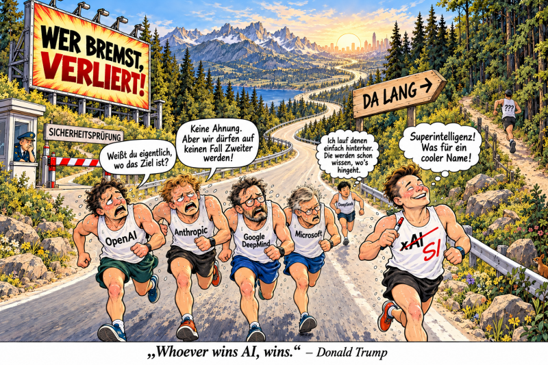 Karikatur zum KI-Wettlauf: OpenAI, Anthropic, Google DeepMind, Microsoft, DeepSeek und xAI rennen ohne bekanntes Ziel durch die Berge. Ein Plakat ruft „WER BREMST, VERLIERT!“, daneben steht eine unbeachtete Sicherheitsschranke.