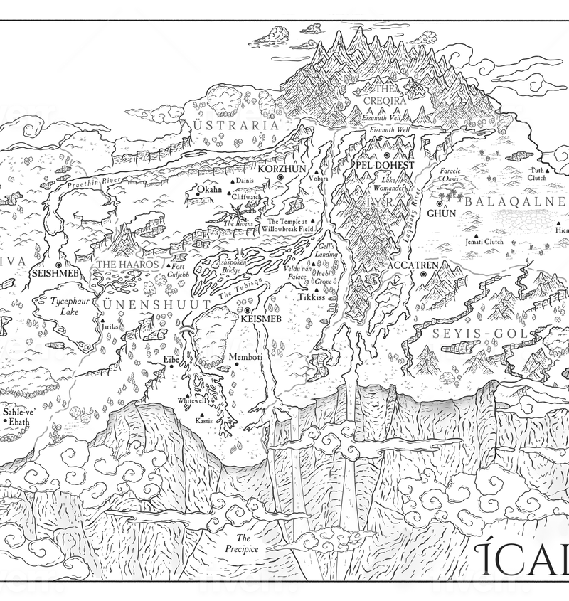 A black and white map of the continent of Icalar.