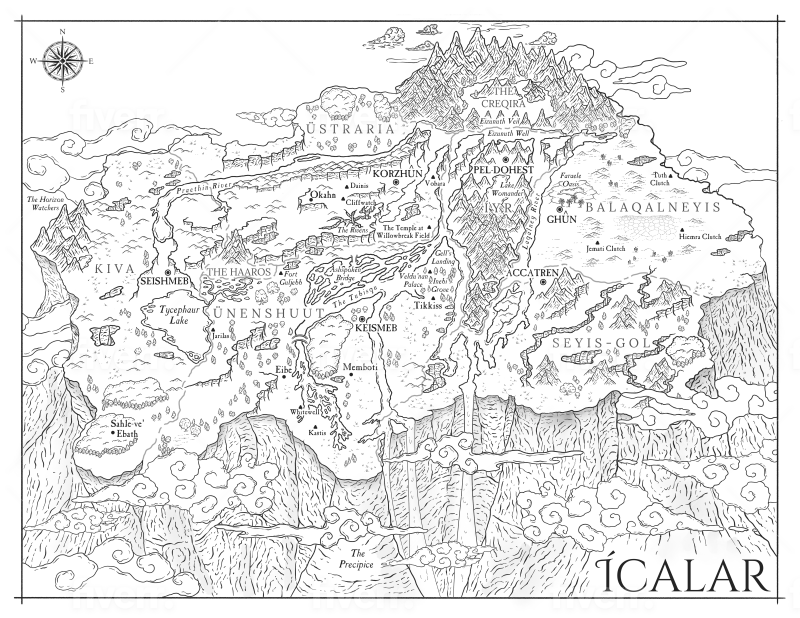 A black and white fantasy map showing a single continent named Icalar atop a plateau surrounded by clouds.