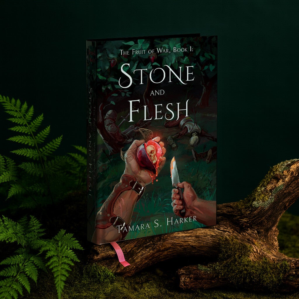 A book cover, titled "The Fruit of War, Book 1: Stone and Flesh". It is a dark green and black background with white text. A man's hand holds a purple fruit, cut open to reveal a skull inside.