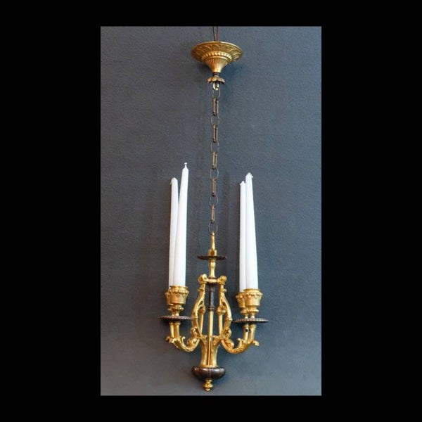 Rare Petit Lustre d'Alcôve ou de Cabinet en Bronze Ciselé Doré et Patine « Canon » - Vers 1830