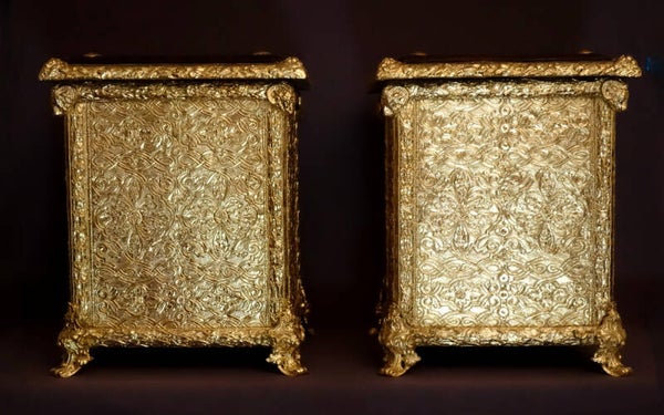 Paire de Rares Sgabelli Italiens Bronze Doré, Bois et Cuir - XIXe