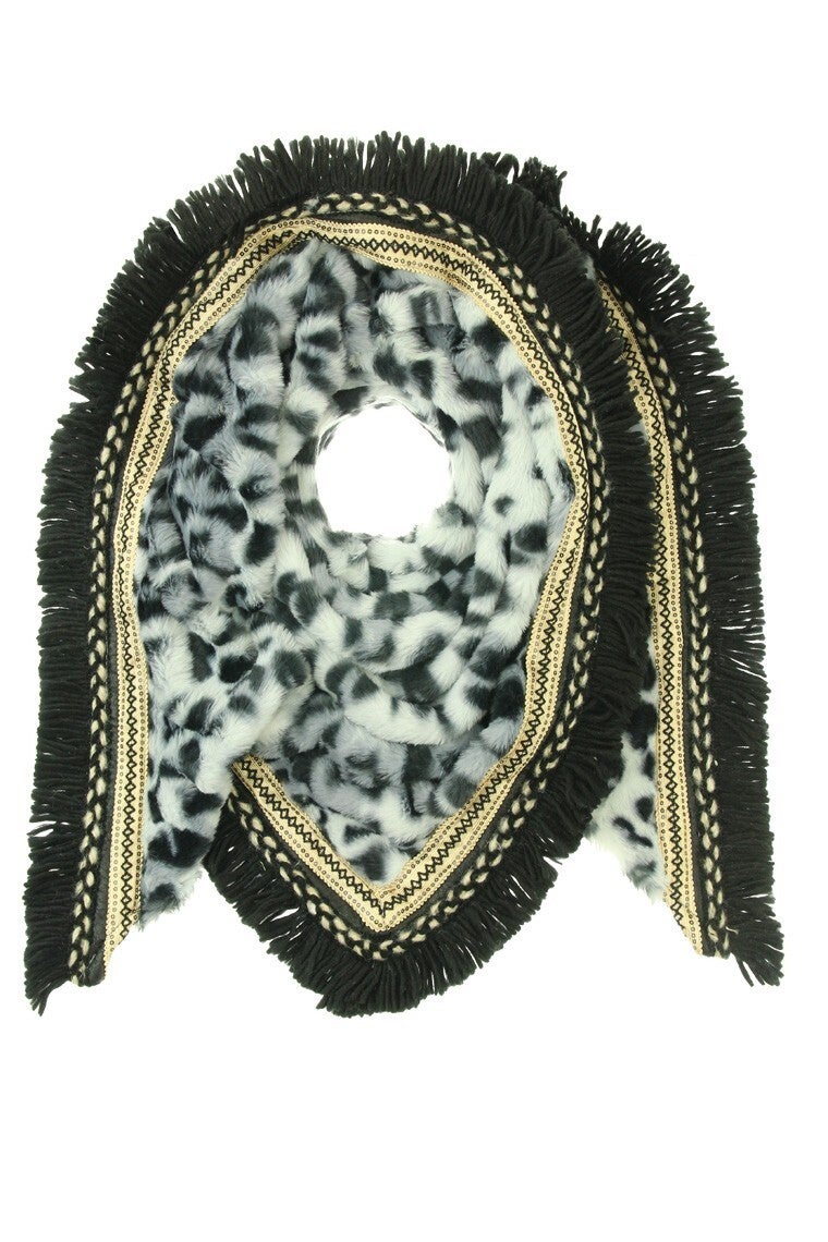 Fake fur driehoeksjaal leopard zwart-grijs