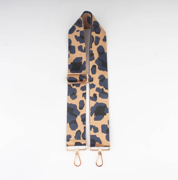 Bagstrap camel met blauwe panterprint en gouden gesp