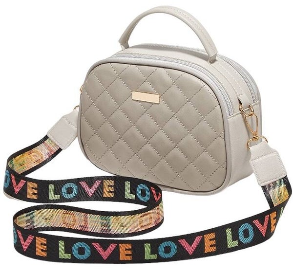 Grijze schoudertas met Rits en Multicolor Bagstrap – ‘LOVE’