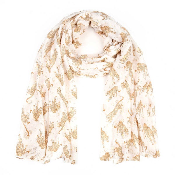 Crème kleurige panterprint sjaal met gouddetails