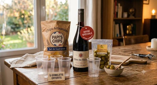 Apéro complet (Vin + Chips + olives &  5 Goublets offertes )