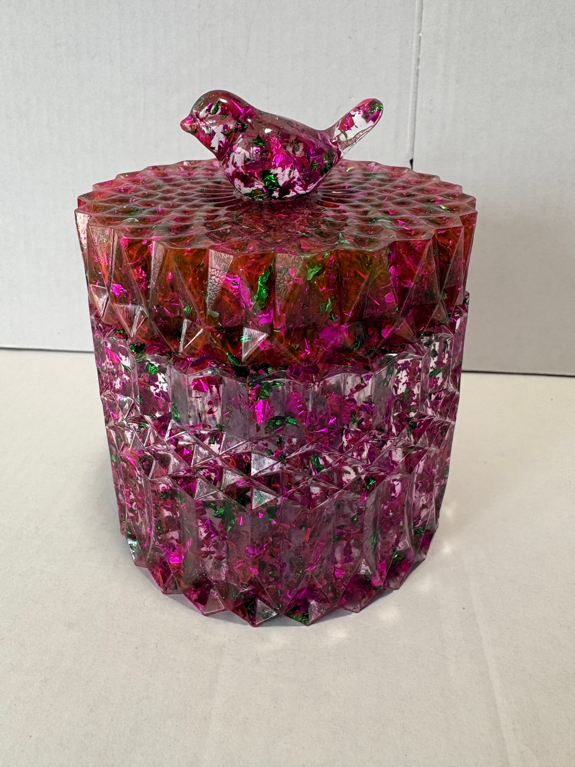 Green/Pink flake dove top decorative container.