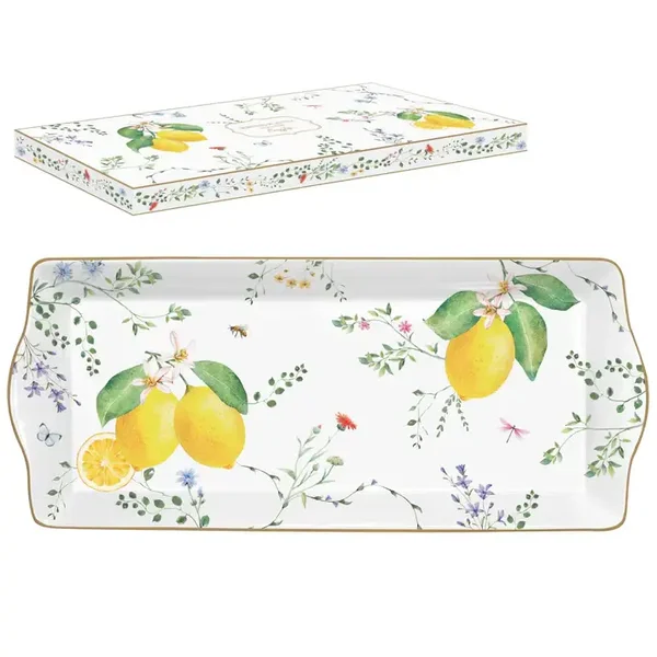 Easy Life - Plat en porcelaine, fleurs et citrons 35 x 15 cm