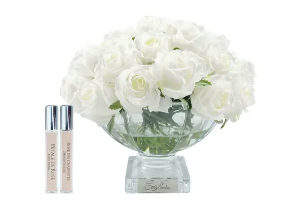 Centre de table de luxe Cote Noire 37 Bouquet de boutons de rose - Badge blanc et argent - CPRB01