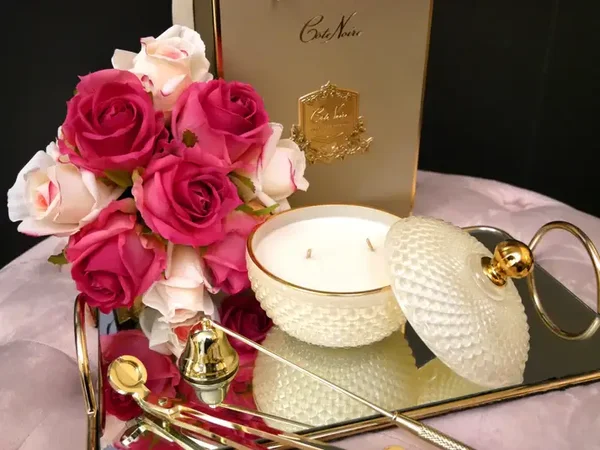 Bougie ronde Art Déco - Crème & Or - Vanille Blonde - GML30005