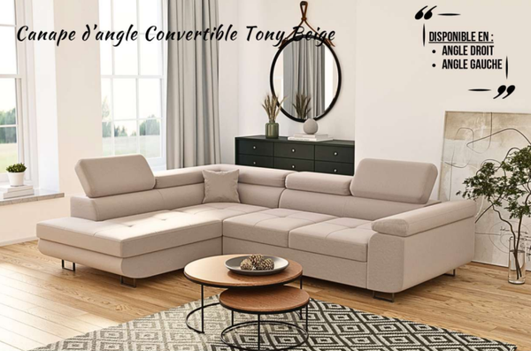 Canapé d’angle TONY convertible velours beige