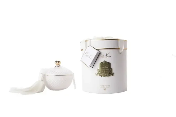 Bougie ronde Art Déco - Blanc & Or - Fleur de Lys - GML30003