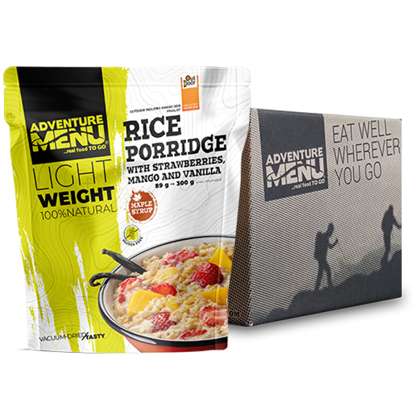 Adventure Menu - rijst porridge met aardbeien, mango en vanille