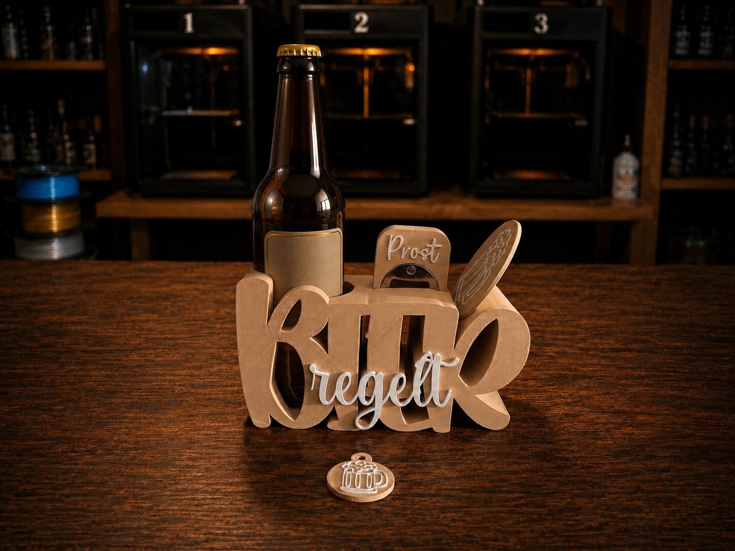 🍺 Bier regelt – Flaschenhalter Geschenkset aus Holz-PLA Maple