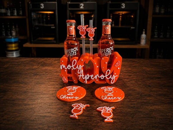 🍹 Aperoly Duo Flaschenhalter – Party-Set für 2 Flaschen mit Deko & Untersetzern