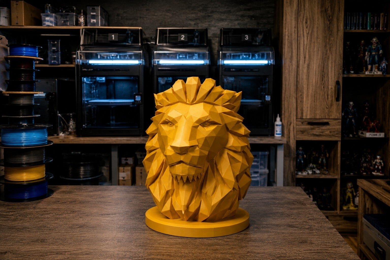 🦁 Löwenkopf Skulptur in Gold – Low-Poly 3D-Druck Designfigur