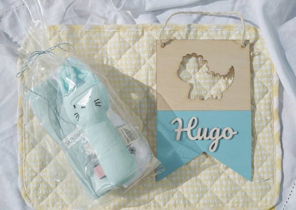 Presentset Ice Blue – Muslinfilt, Kaninskallra & Namnskylt