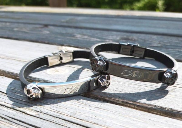 Dödskalle Läderarmband i Rostfritt Stål, 19cm