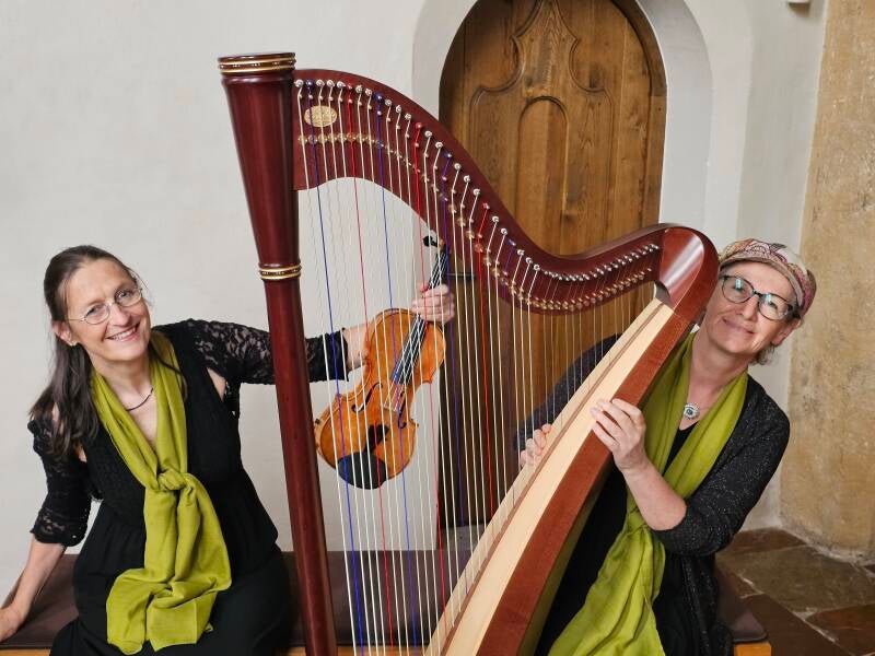 Ein Duo, das mit Violine und Harfe musiziert