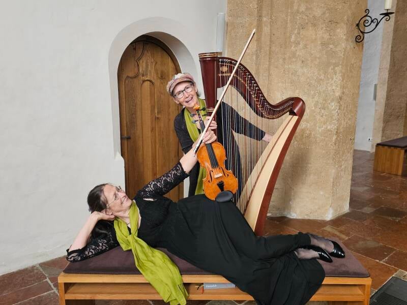 Ein Duo, das mit Violine und Harfe musiziert