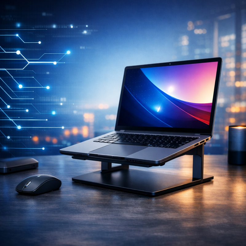Laptop moderno su supporto – tecnologia e workspace digitale