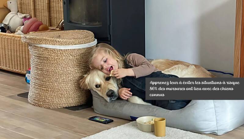 une petite fille couchée dans le panier du chien avec un golden elle mange une chips en lui serrant le cou