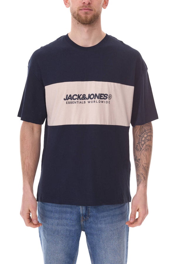 JACK & JONES Herren Rundhals-Shirt Baumwoll-Shirt T-Shirt Kurzarm Dunkelblau/Beige
