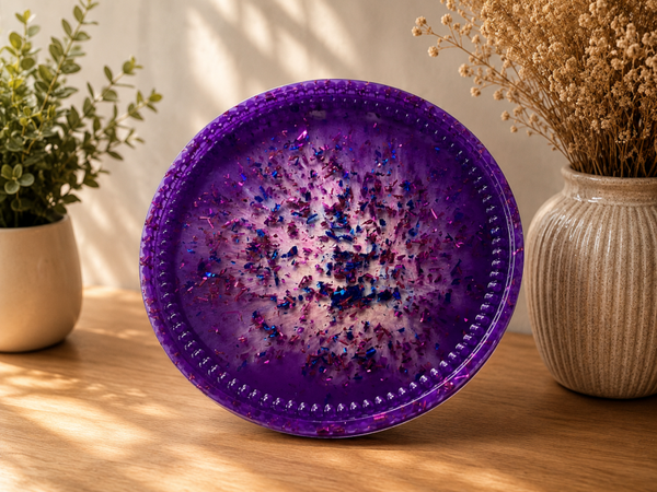 Plateau mauve en résine époxy.