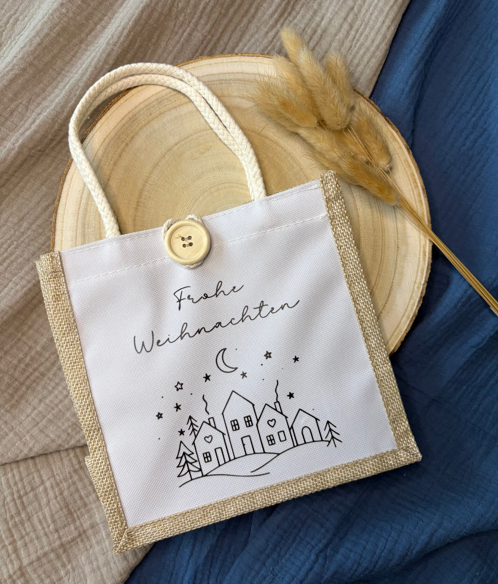 Jute Tasche "Frohe Weihnachten mit Häusern"