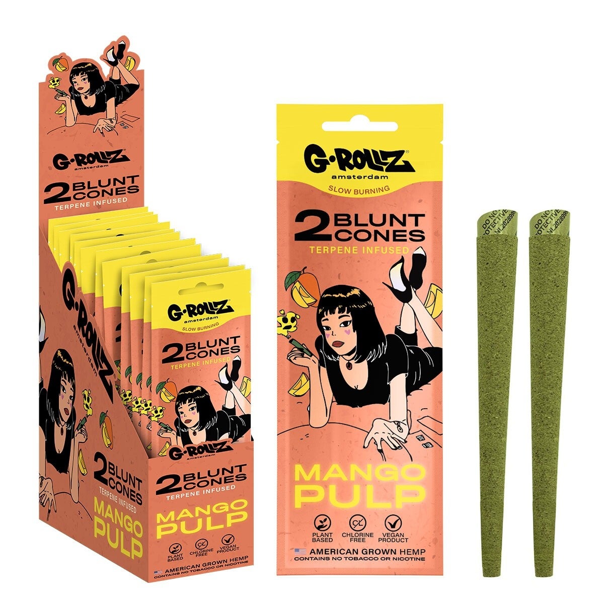 G-Rollz 2 cones de cânhamo pré-enrolados com infusão de terpeno 'Polpa de manga'