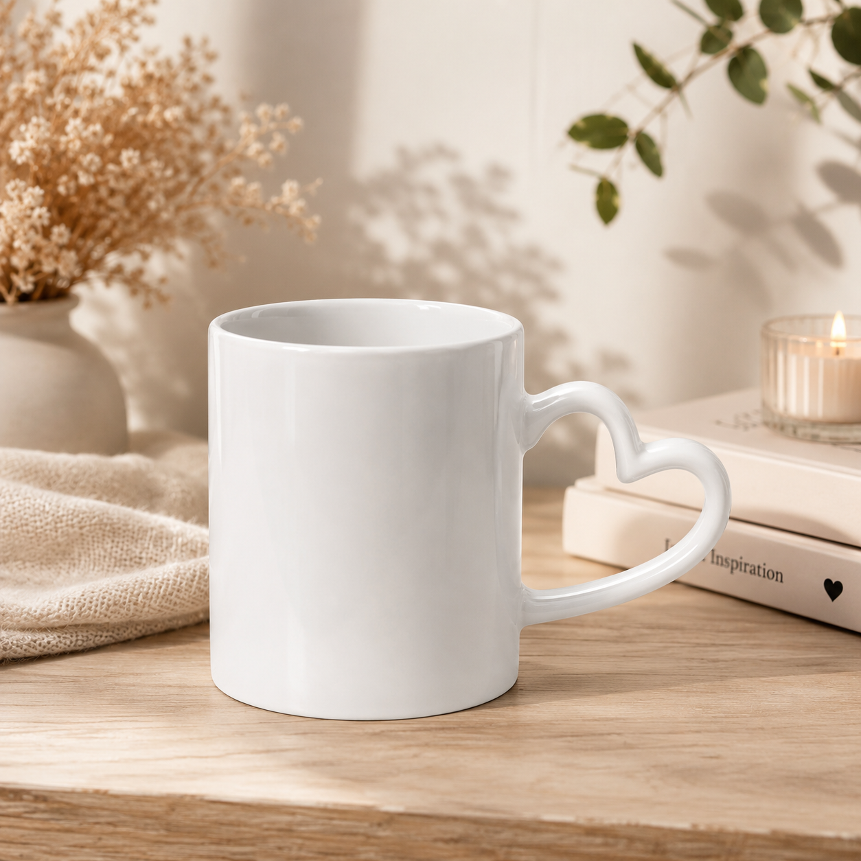 Mug blanc avec poignée en forme de coeur personnalisé