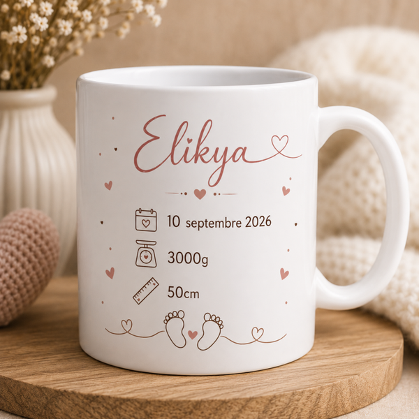 Mug naissance personnalisé avec prénom du bébé, poids, taille et date de naissance