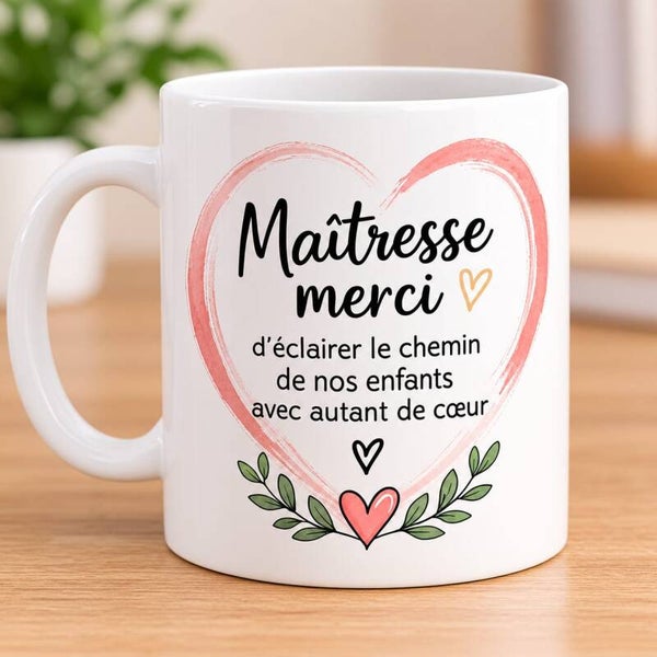 Mug personnalisé Merci Maîtresse, Cadeau Maîtresse personnalisé, Mug personnalisé Prénom, Texte, Cadeau de fin d'année, Tasse enseignante