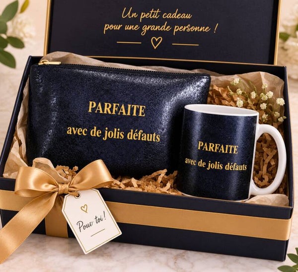 Coffret cadeau femme – Mug & trousse personnalisés « Parfaite avec de jolis défauts »