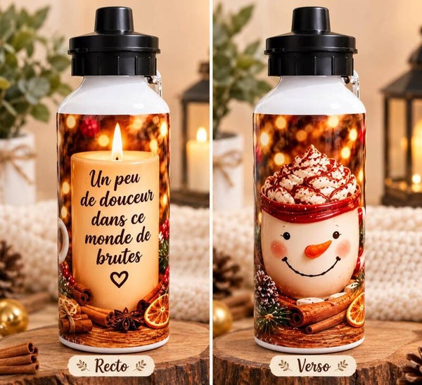 Gourde de Noël personnalisée- Gourde Isotherme "un peu de douceur"- Bouteille en aluminium Bonhomme- Cadeau réconfortant Automne & Hiver