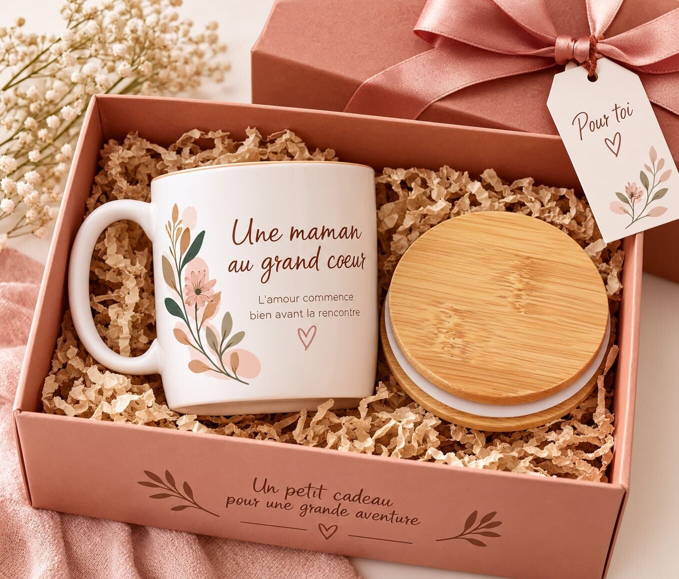 Coffret cadeau Mug personnalisé texte, photo et couvercle assorti