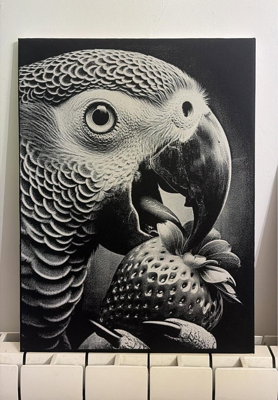 🦜 Tableaux Gravé au Laser — Perroquet & Fraise (30x40 cm)