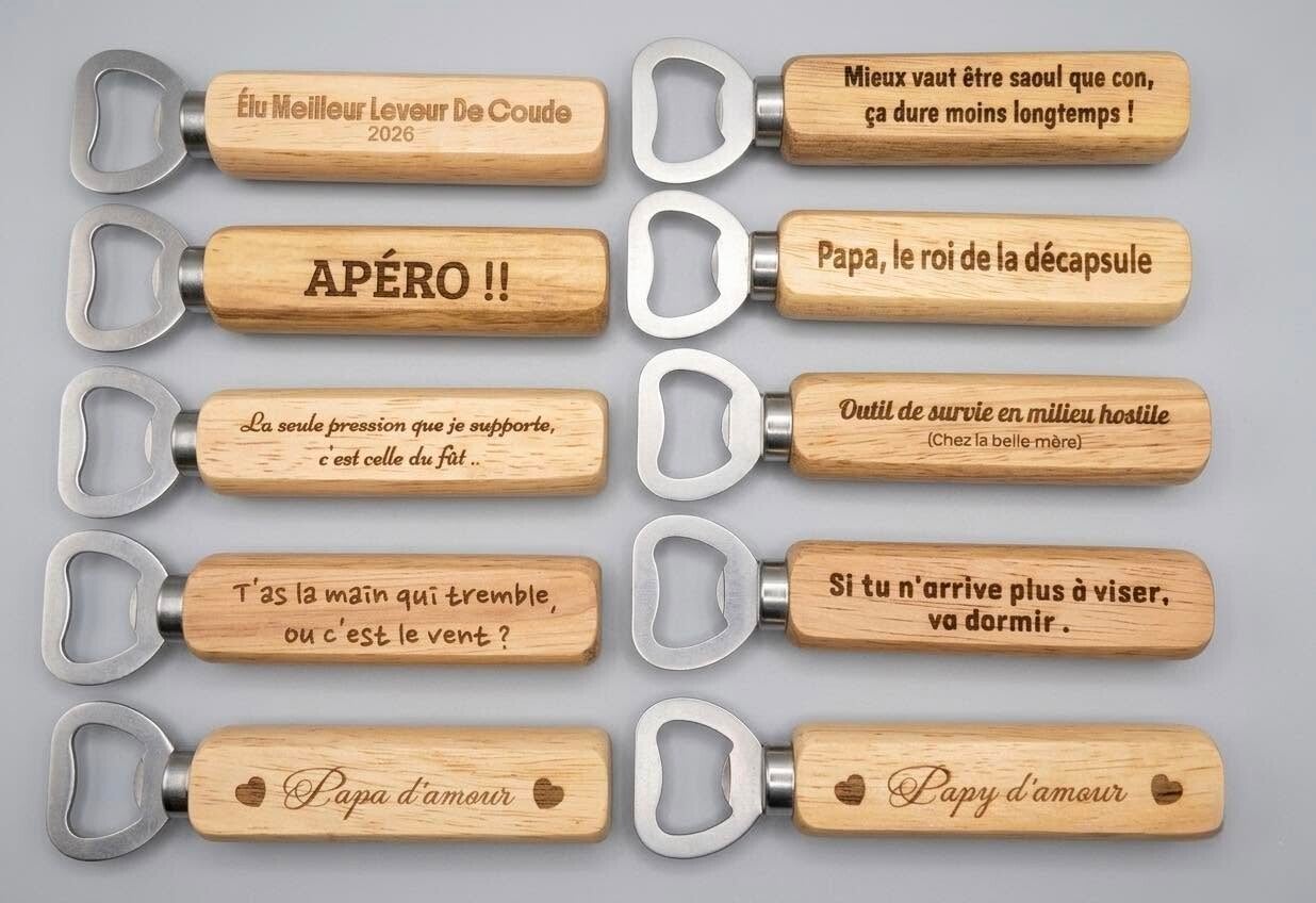 Décapsuleur en bois gravé — Le cadeau apéro idéal ! 🍻