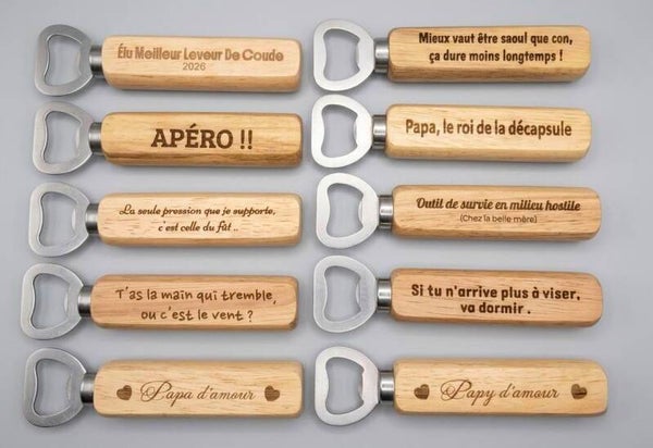 Décapsuleur en bois gravé — Le cadeau apéro idéal ! 🍻