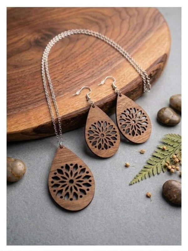 Collier Pendentif & Boucles d'Oreilles Goutte Mandala.. (Acier inoxydable)