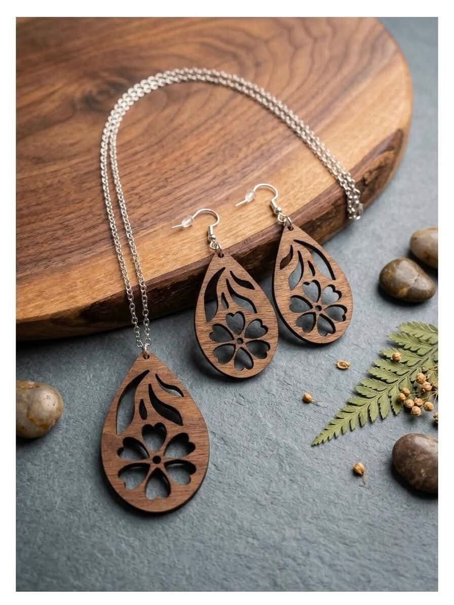 Collier Pendentif & Boucles d'Oreilles Goutte Floral. (Acier inoxydable)