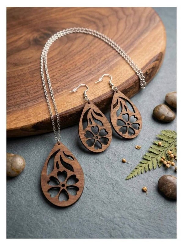 Collier Pendentif & Boucles d'Oreilles Goutte Floral. (Acier inoxydable)