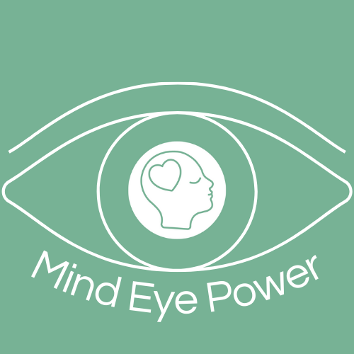 Het nieuwe logo van Mind Eye Power opleidingen. Een oog met daarin een hoofd met op de plaats van het brein een hartje. Ontworpen door Anja Schrijft.